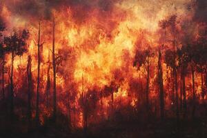 Intense forest fire consuming trees during devastating wildfire event photo