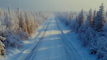 Winter road cutting through snow-covered forest with frosted trees in tranquil landscape photo