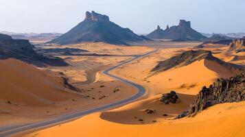 Scenic desert landscape with winding road and distant rocky formations photo