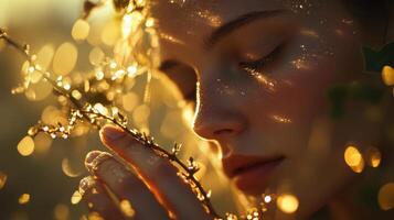 Tranquil outdoor portrait of a young woman in sunlight with nature elements photo