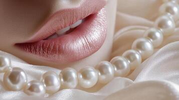 Close-up of female lips with pearls on satin fabric for elegance and beauty concept photo