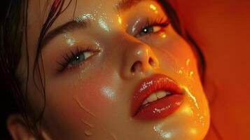 Close-up portrait of a woman with wet glossy skin in warm lighting photo