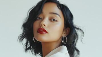 Stylish portrait of a young woman with black hair and red lips reflecting fashion photo