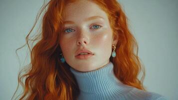 Portrait of red-haired female with freckles and blue sweater against neutral backdrop photo