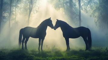 Two horses silhouetted in misty forest with sun rays creating ethereal atmosphere photo