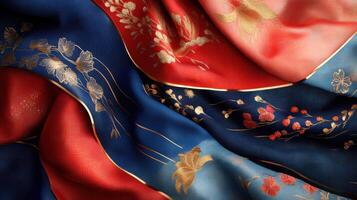 Elegant red and blue silk fabric with intricate gold embroidery and floral patterns photo