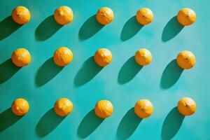 Lemons pattern on turquoise background highlighting citrus fruits photo