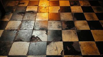 Vintage checkered tile floor with signs of wear and aging in warm lighting photo
