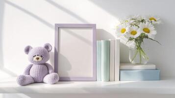 Knitted teddy bear and daisies with frame on shelf in cozy interior photo