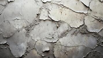 Weathered concrete wall with peeling texture and cracks in close-up view photo