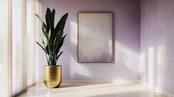 Interior with potted plant and blank canvas on wall for art display photo