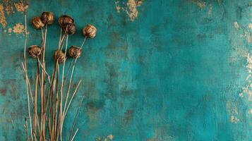 Dried poppy stems against a blue textured wall for rustic decor concepts photo