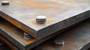 Close-up of industrial metal plates with rusty texture and stacked bolts photo