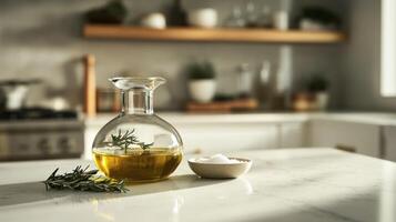 Olive oil, salt, and fresh rosemary on a kitchen counter photo