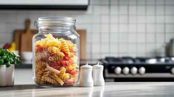 Pasta in glass jar on kitchen counter photo