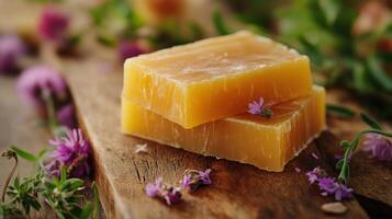 Rustic handmade honey soap bars with natural herbal flowers on wooden surface photo