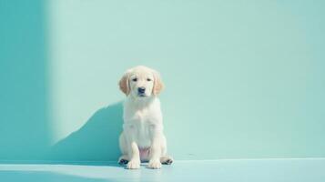 Golden retriever puppy sitting against blue background in minimalist style photo