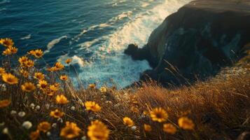 Coastal wildflower field overlooking dramatic ocean cliffs and waves at sunset photo