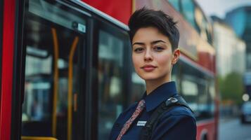 Confident female bus driver in uniform posing next to a double-decker on city street photo