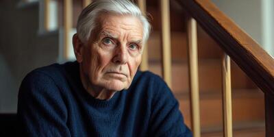 Portrait of a thoughtful elderly man in a blue sweater by a wooden staircase photo
