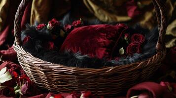Cozy basket with red velvet pillow surrounded by roses and black fur photo