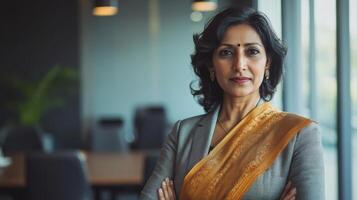 Confident businesswoman wearing traditional sari in corporate office environment photo