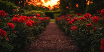 Pathway lined with vibrant red roses in bloom at sunset in a lush garden landscape photo