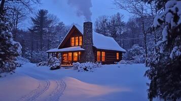 Cozy winter cabin in snowy forest with warm glowing windows and stone chimney photo
