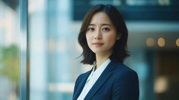 Professional woman in business attire standing confidently with a warm smile indoors photo