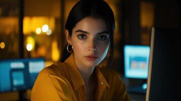Portrait of woman working late in office with computer screens in the background photo