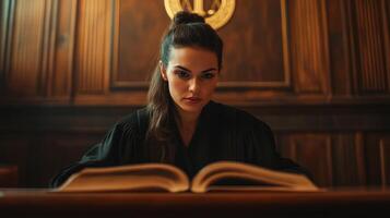 Focused female judge reading in courtroom during legal proceedings photo