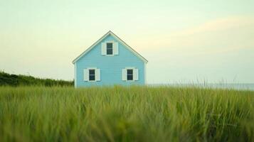 azul casa en medio de alto verde césped a playa serenidad foto