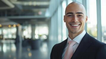 Confident businessman smiling in a modern office environment with bright windows photo