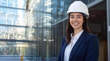 Confident female architect at modern glass building construction site photo
