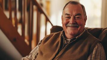 Elderly man smiling indoors with staircase background providing warm ambiance photo