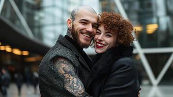 Happy couple hugging and smiling outdoors in urban environment with modern architecture photo