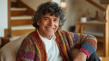 Smiling mature man with curly hair wearing colorful sweater relaxing at home photo