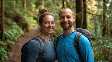 Smiling couple enjoying a hike through a serene forest nature trail photo