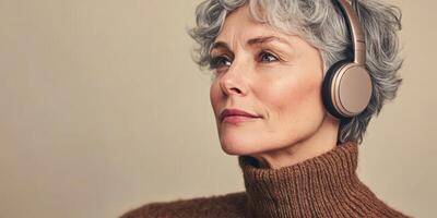 Mature woman with headphones enjoying music and relaxation in casual setting photo