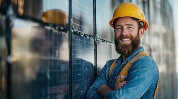 Male engineer smiling next to solar panels emphasizing renewable energy solutions photo