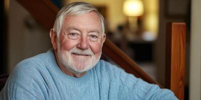 Elderly man smiling indoors with cozy sweater in warm ambient lighting photo