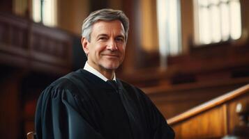 Senior male judge smiling confidently in traditional courtroom setting photo