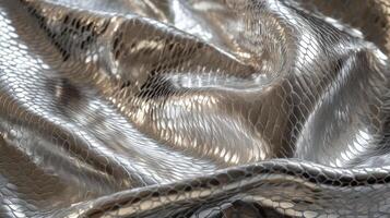 Silver metallic fabric with snake skin pattern and reflective texture photo