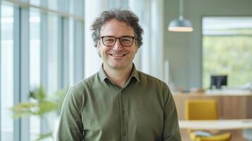 Smiling middle-aged man in office setting with glasses and green shirt photo