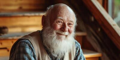 Elderly man with beard smiling indoors by wooden staircase in natural light photo