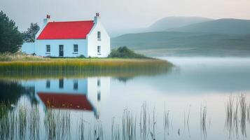 White cottage with red roof reflected on calm lake in misty morning landscape photo