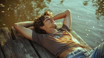 Young man relaxing on a wooden pier by the water in summer sunlight photo