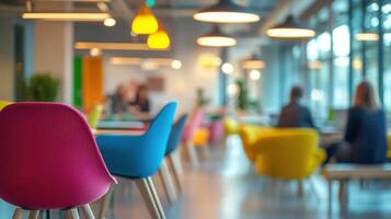 Vibrant co-working space with colorful chairs and modern interior design photo