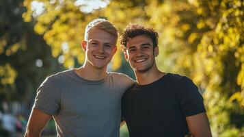 Two young men smiling outdoors in sunlit park during autumn day photo