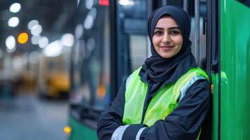 Confident female bus driver in uniform leaning against a green city bus photo